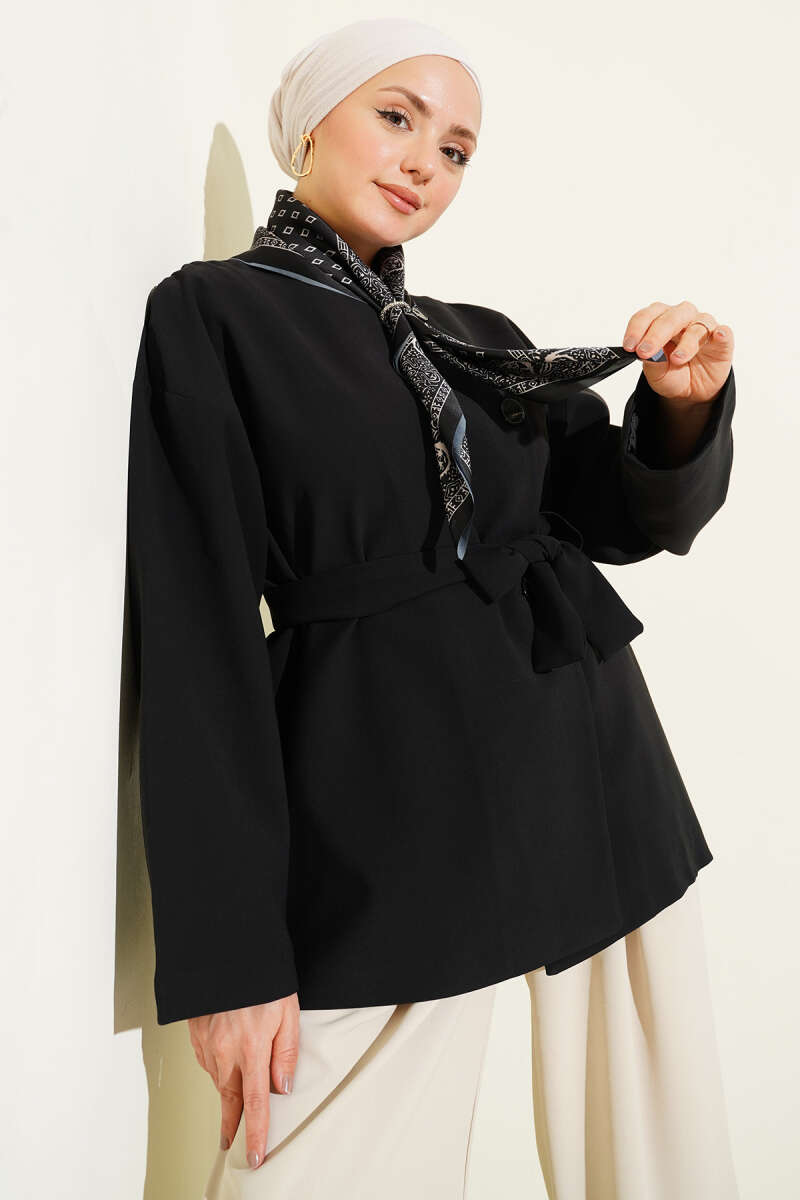Basic Belted Button Jacket - Black