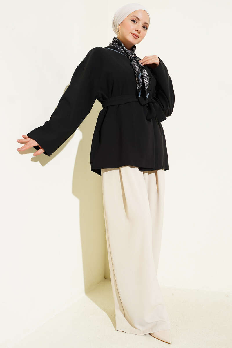 Basic Belted Button Jacket - Black