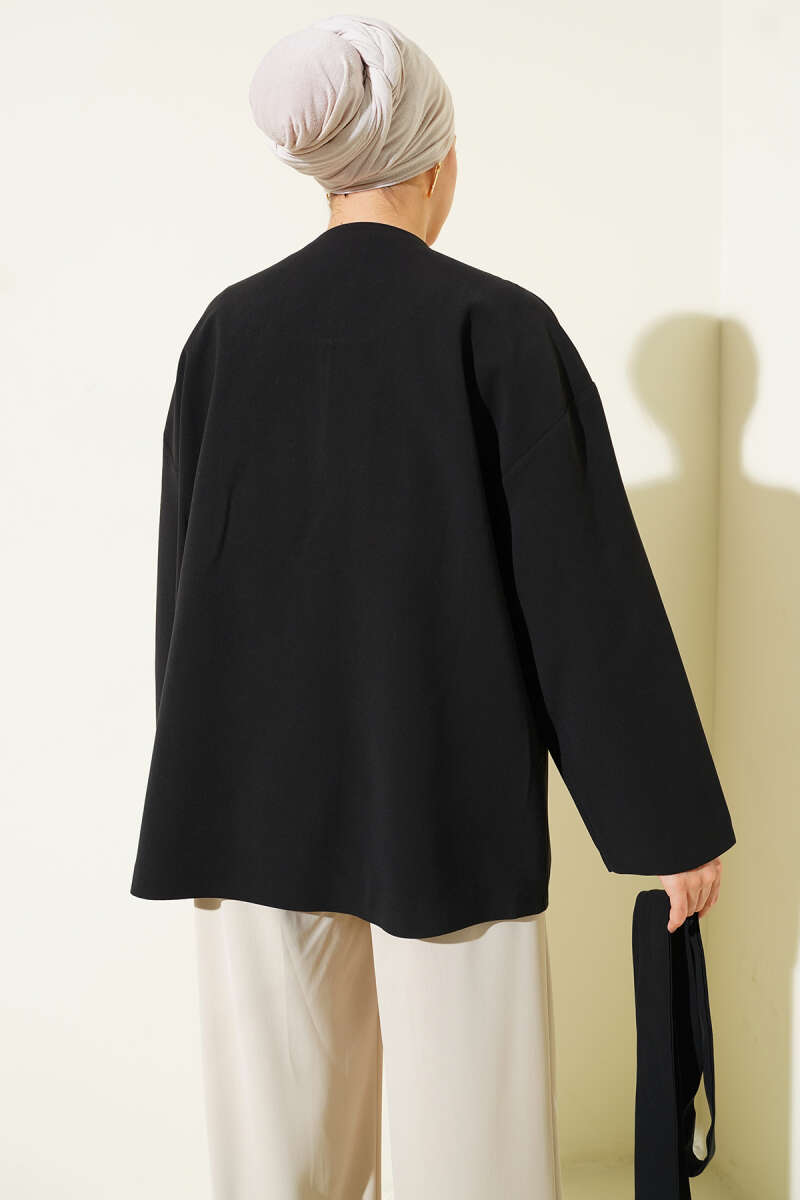 Basic Belted Button Jacket - Black