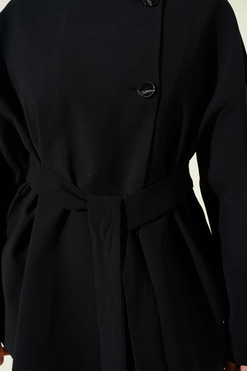 Basic Belted Button Jacket - Black