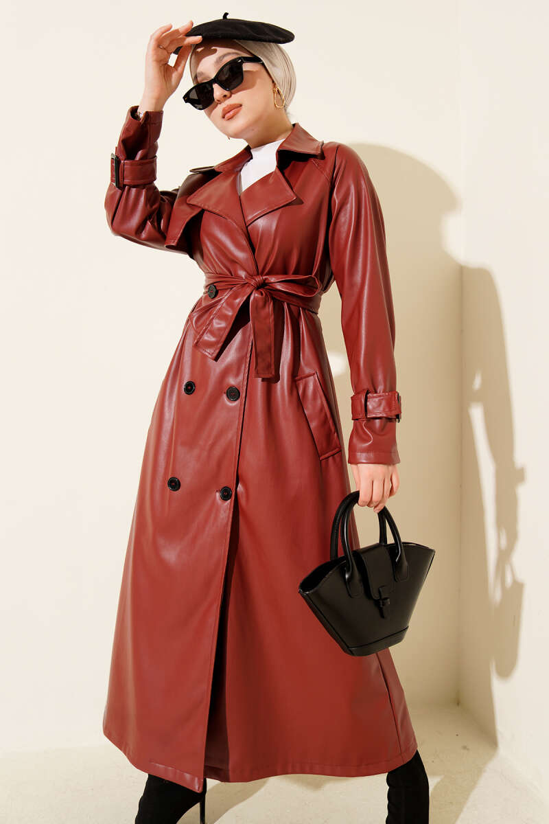 Belted Button Faux Leather Trench Coat - Burgundy