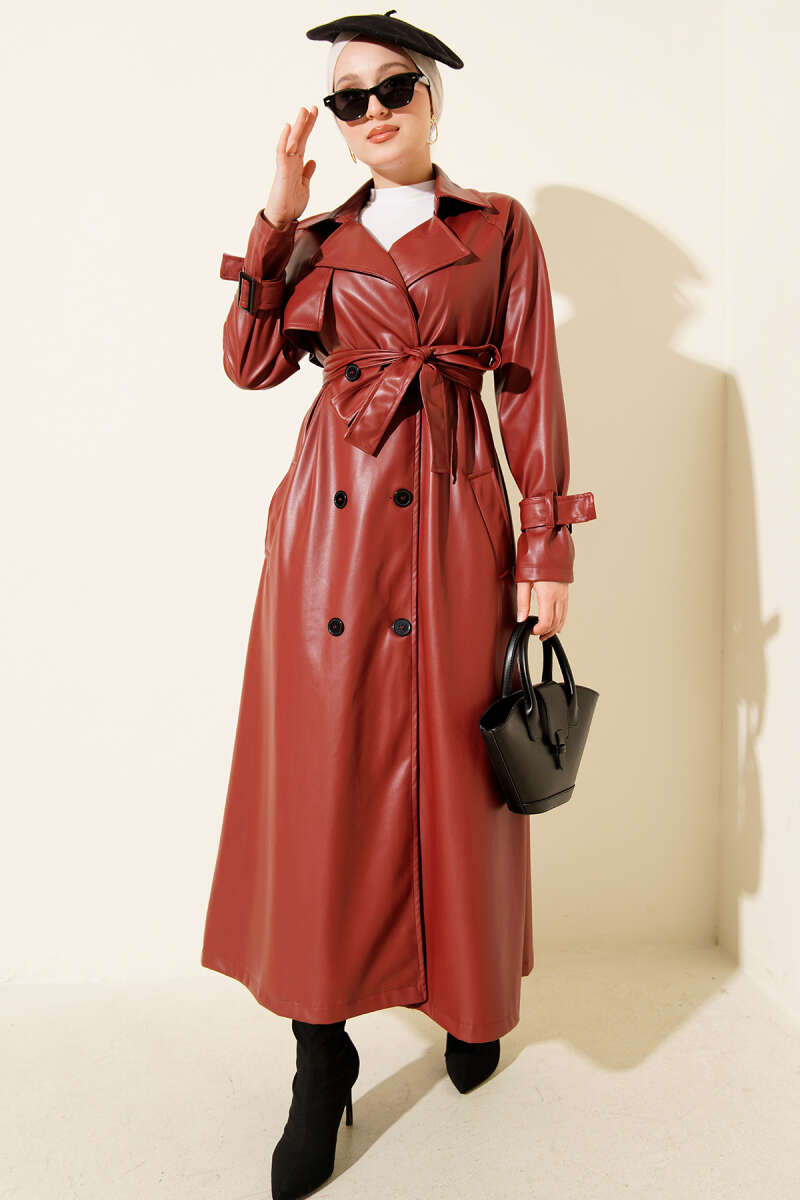 Belted Button Faux Leather Trench Coat - Burgundy