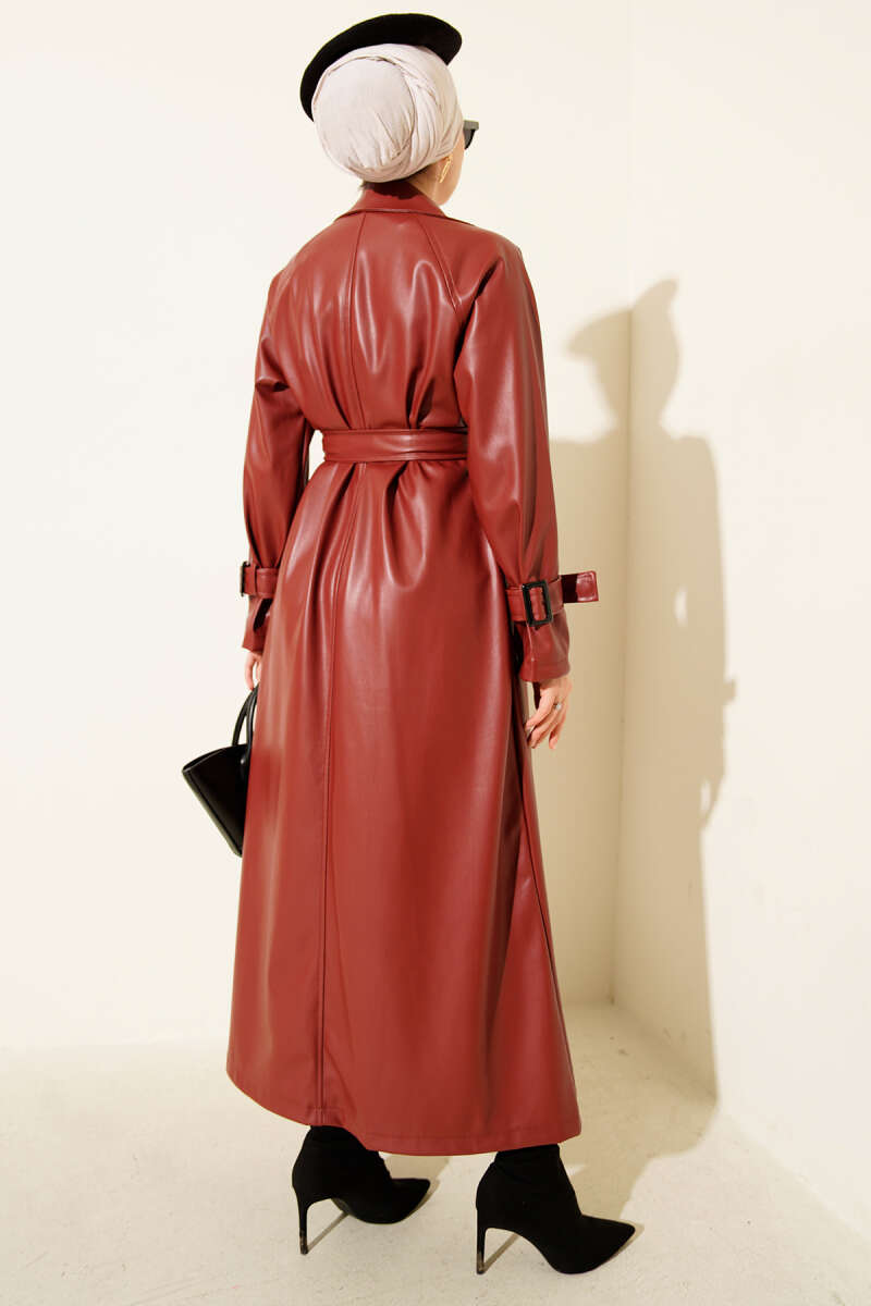 Belted Button Faux Leather Trench Coat - Burgundy