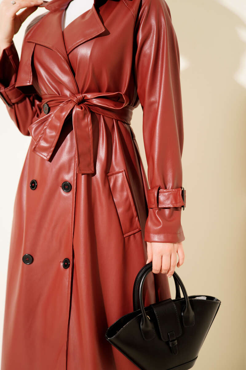 Belted Button Faux Leather Trench Coat - Burgundy
