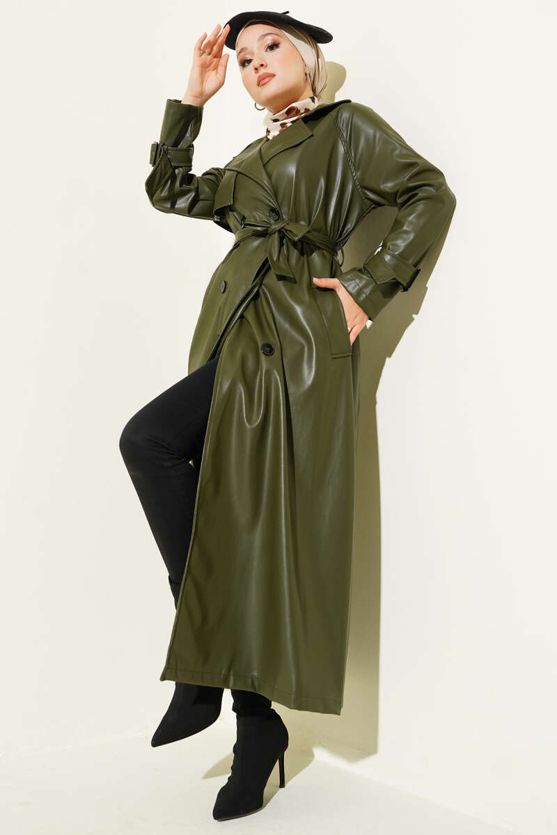 Belted Button Faux Leather Trench Coat - Khaki