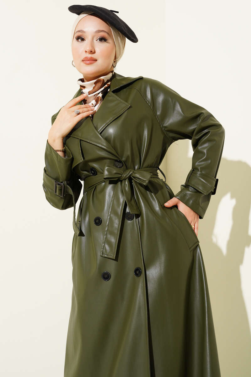 Belted Button Faux Leather Trench Coat - Khaki