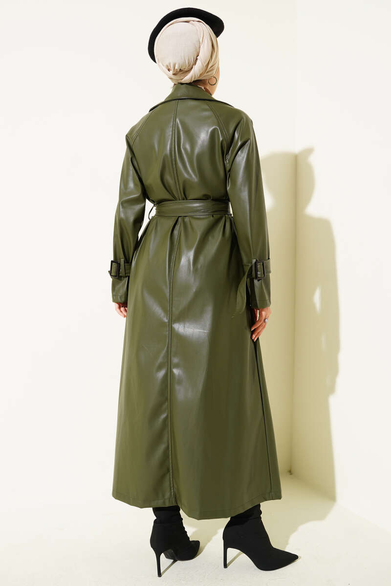 Belted Button Faux Leather Trench Coat - Khaki