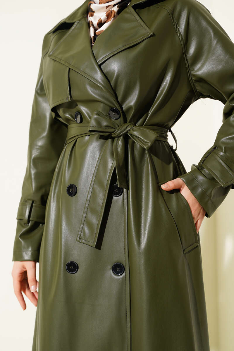 Belted Button Faux Leather Trench Coat - Khaki