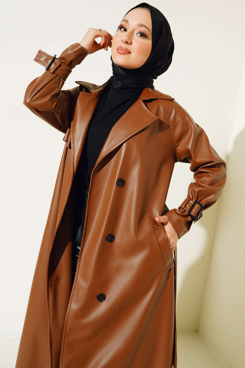 Belted Button Faux Leather Trench Coat - Tan