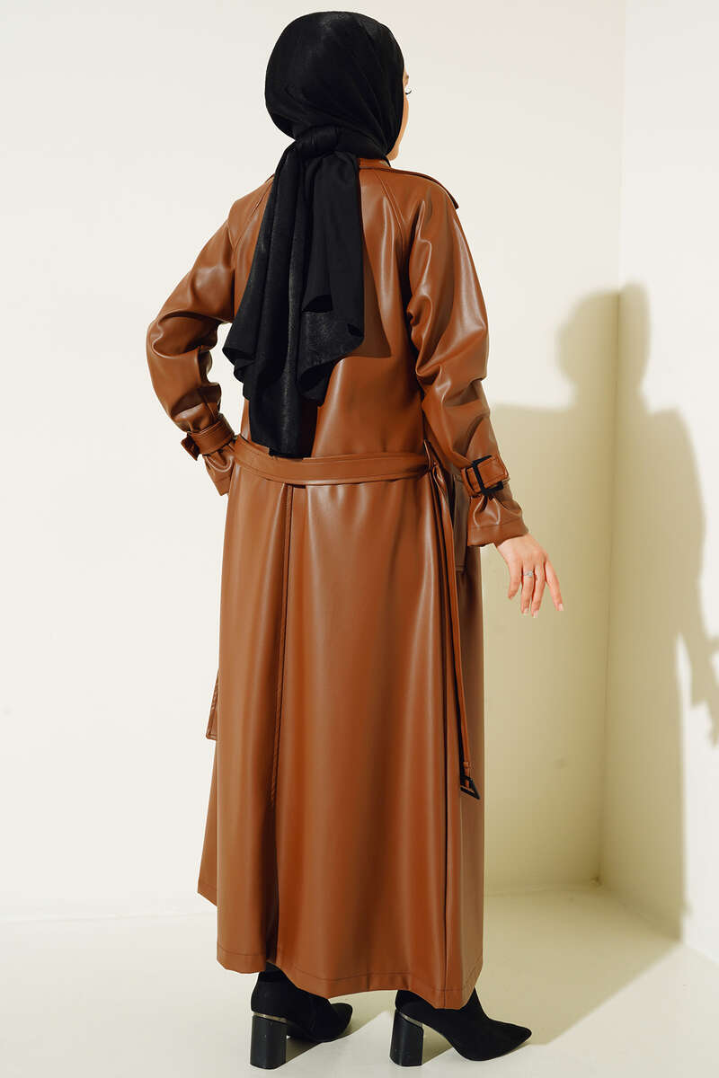 Belted Button Faux Leather Trench Coat - Tan