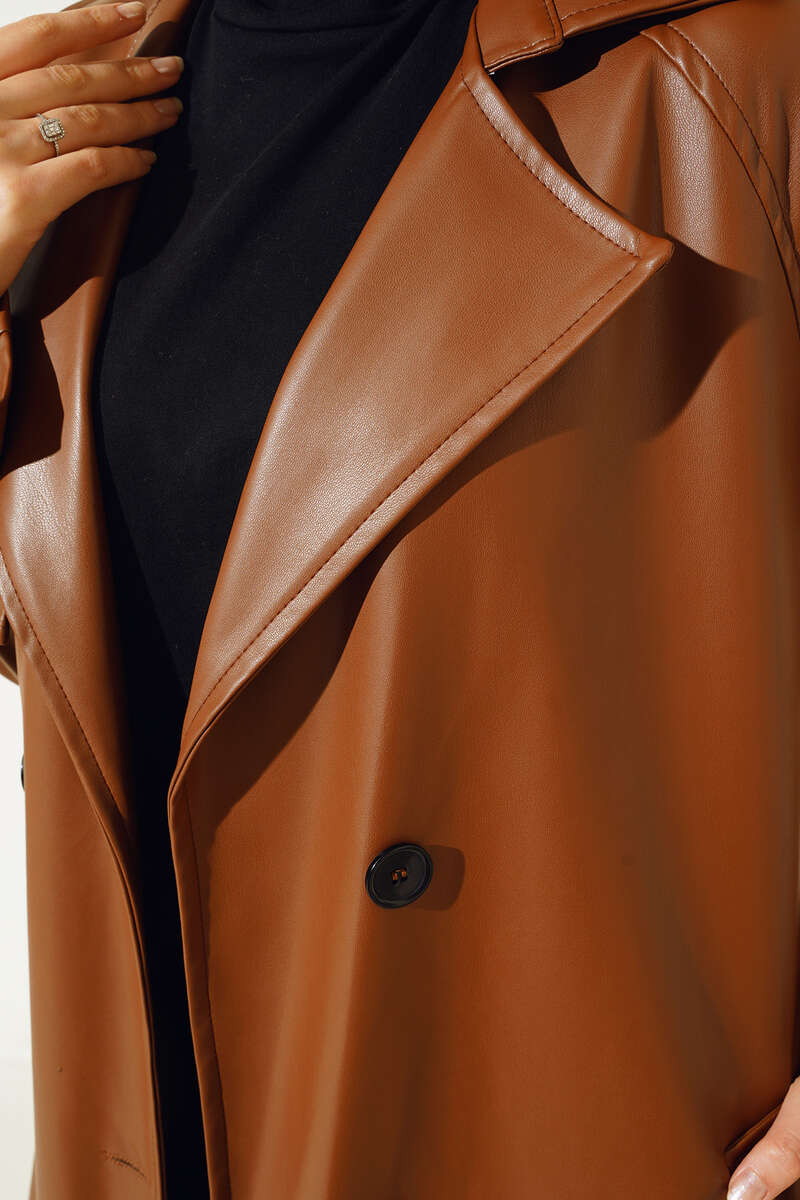 Belted Button Faux Leather Trench Coat - Tan