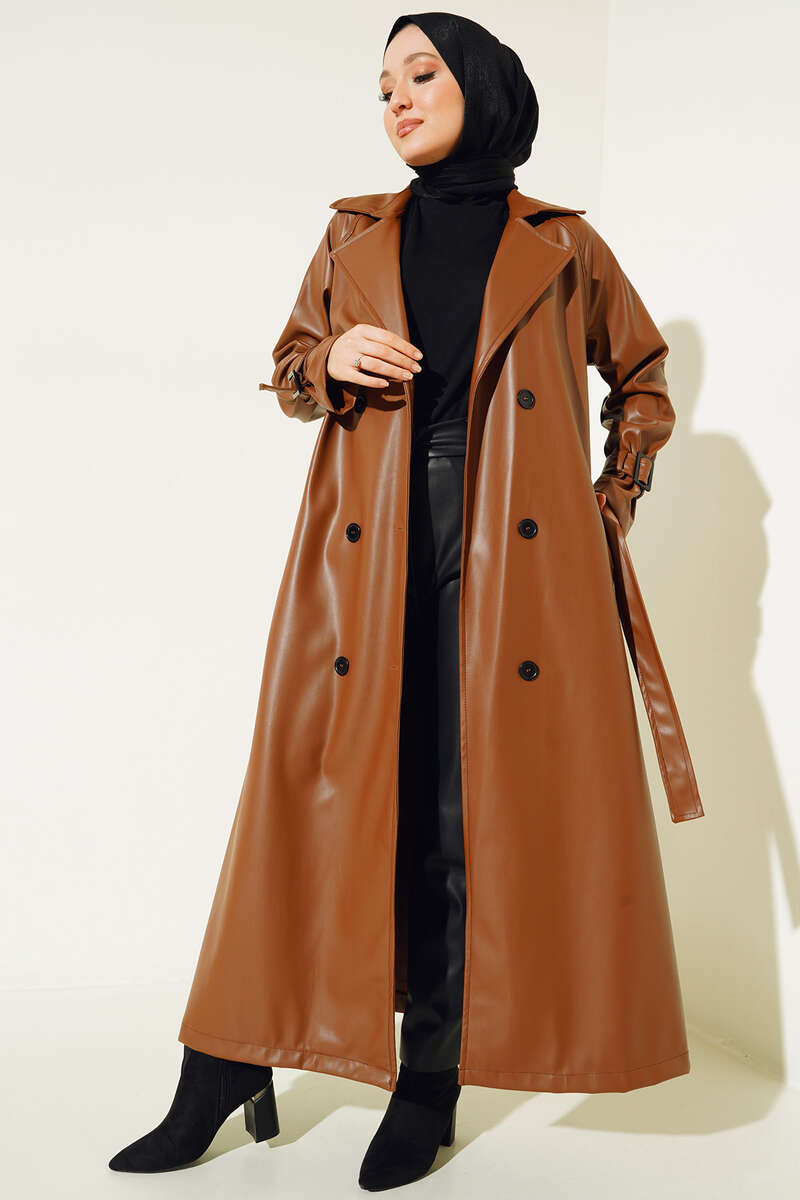 Belted Button Faux Leather Trench Coat - Tan