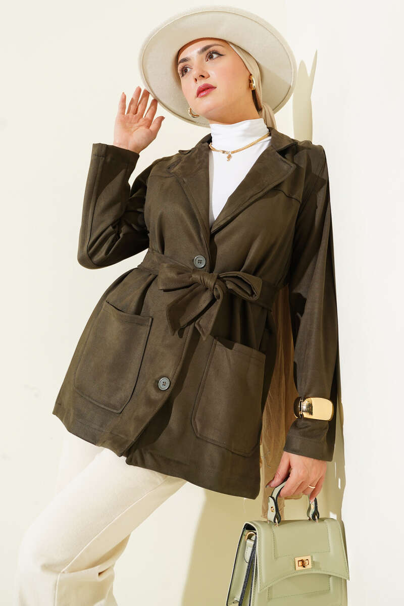 Belted Button Suede Jacket - Khaki
