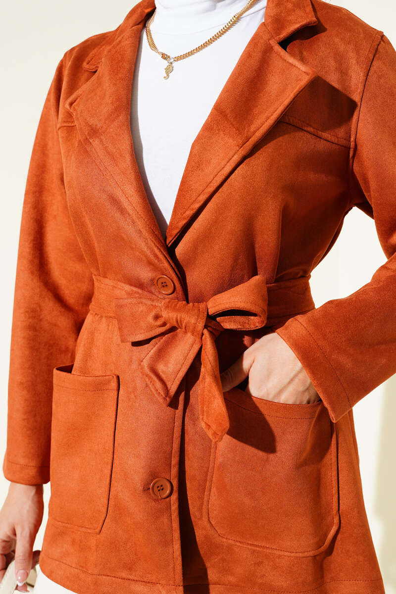Belted Button Suede Jacket - Brick
