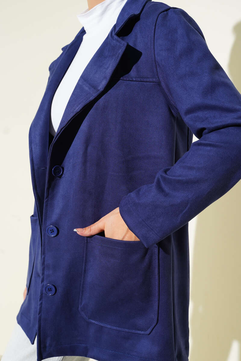 Belted Button Suede Jacket - Navy