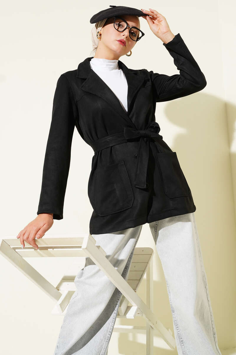 Belted Button Suede Jacket - Black