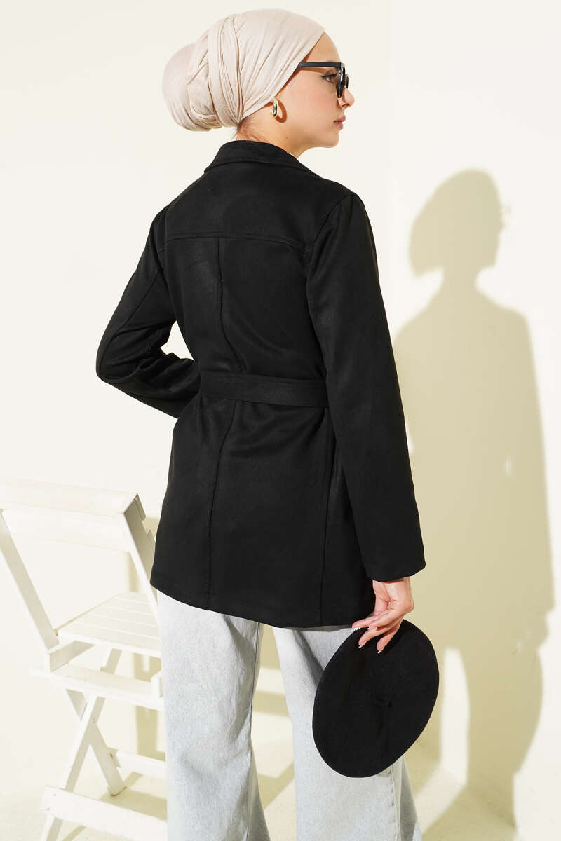 Belted Button Suede Jacket - Black