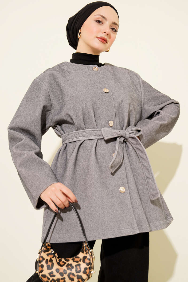 Belted Button Pony-Hair Jacket - Grey