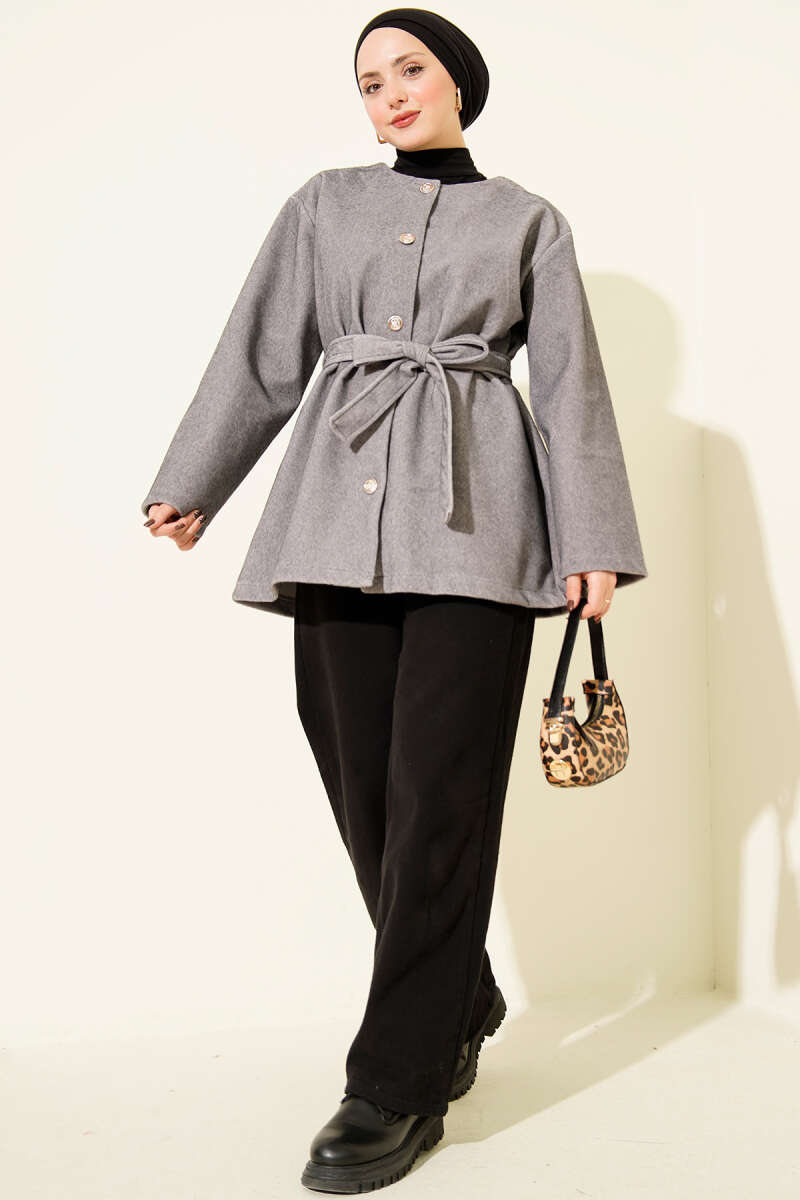 Belted Button Pony-Hair Jacket - Grey