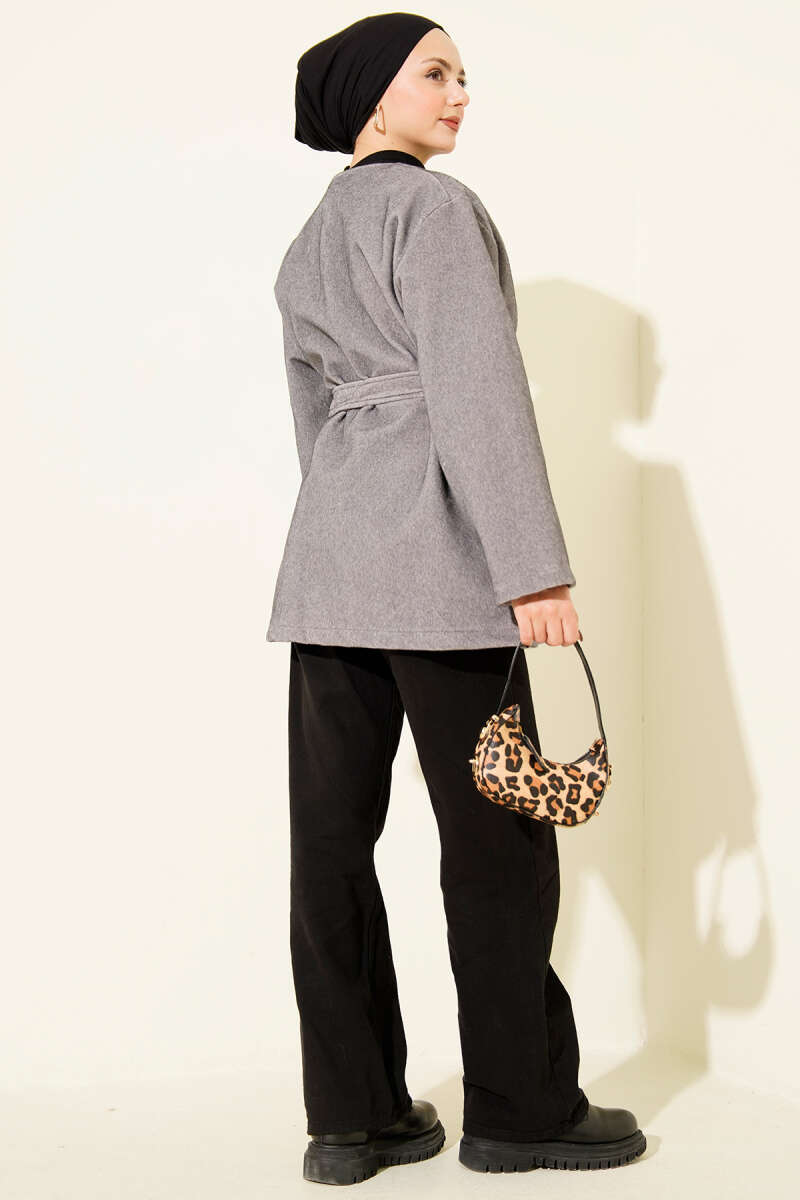 Belted Button Pony-Hair Jacket - Grey