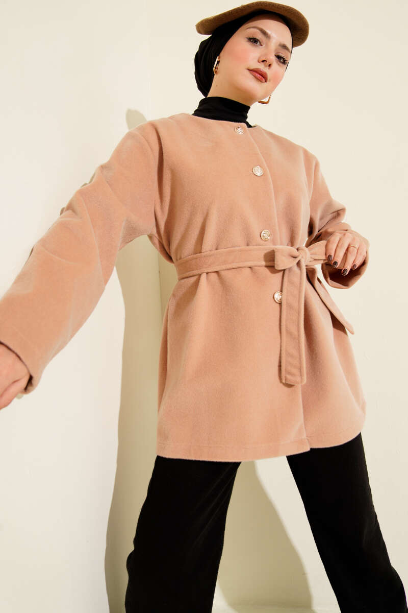 Belted Button Pony-Hair Jacket - Latte