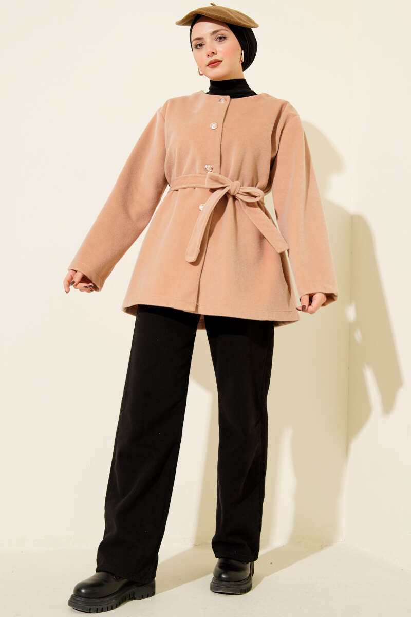 Belted Button Pony-Hair Jacket - Latte
