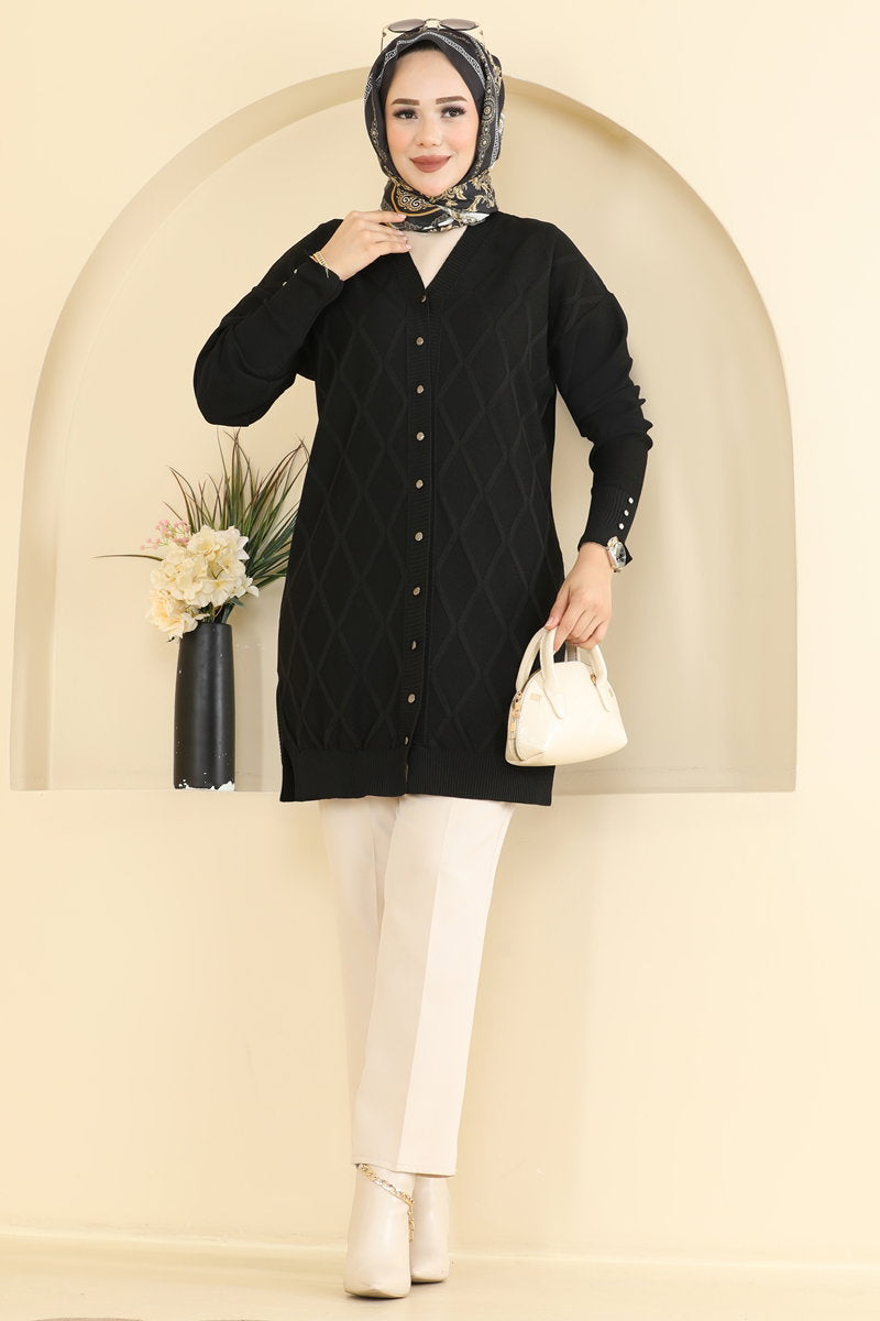 Mercerised Knit Button Cardigan - Black