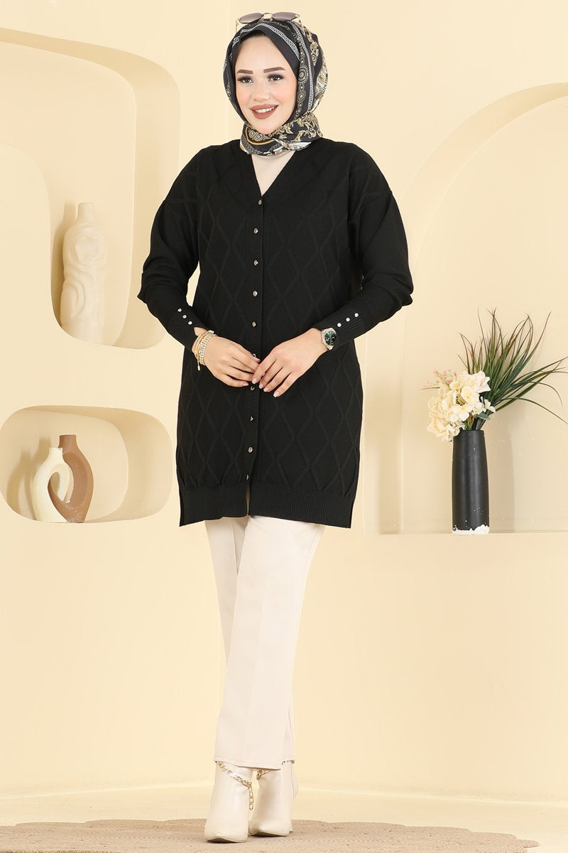 Mercerised Knit Button Cardigan - Black