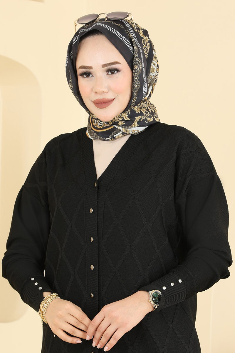 Mercerised Knit Button Cardigan - Black