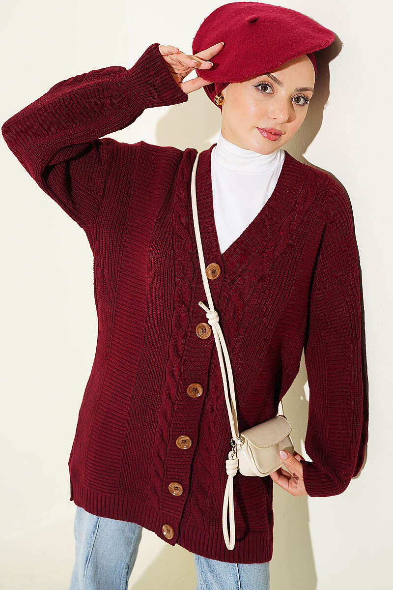 Button Knit Cardigan with Cable Detail - Burgundy