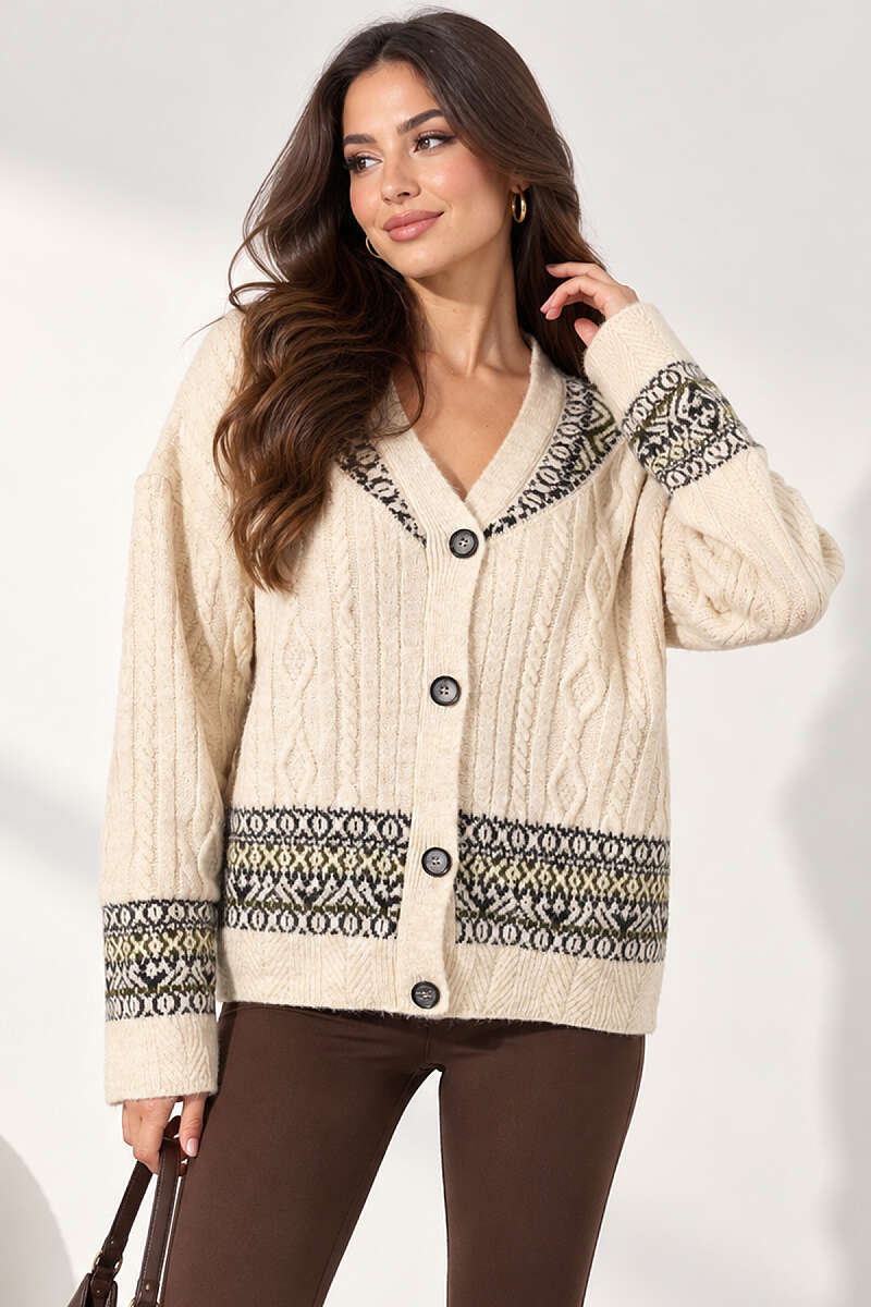 Cable-Knit Button Cardigan - Khaki