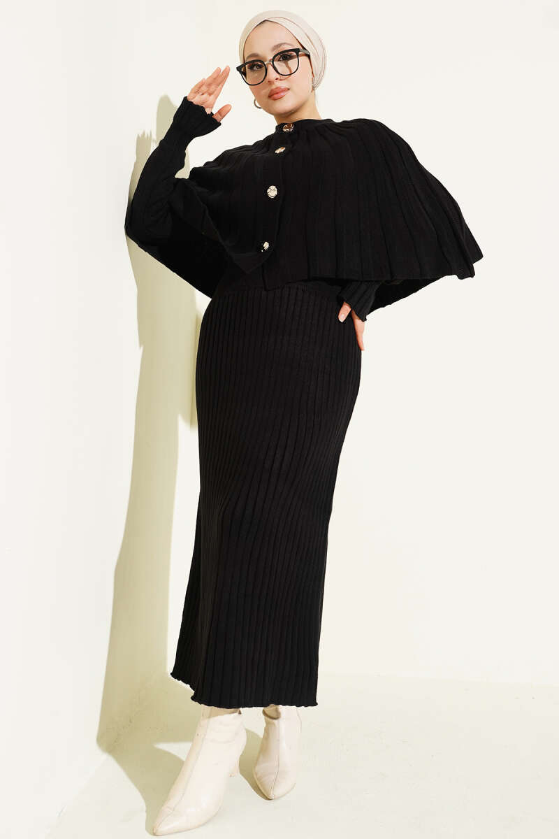 Button Knit Dress Set with Cape - Black