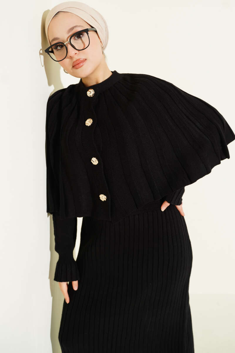 Button Knit Dress Set with Cape - Black