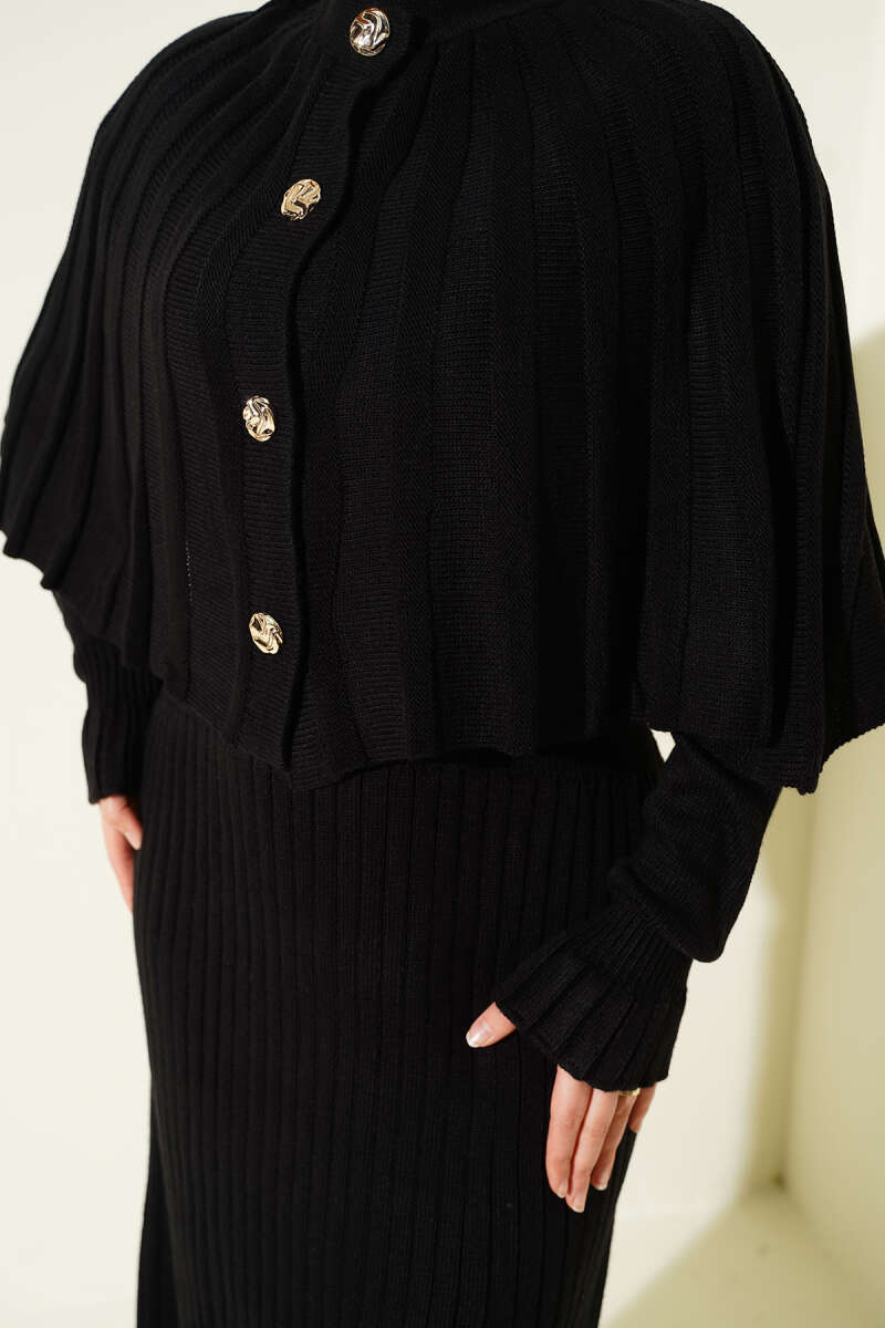 Button Knit Dress Set with Cape - Black