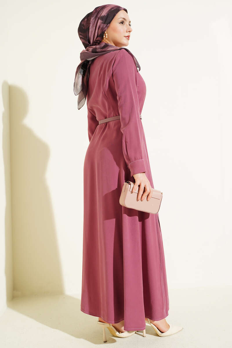 Belted Pleated Button Dress - Dusty Rose