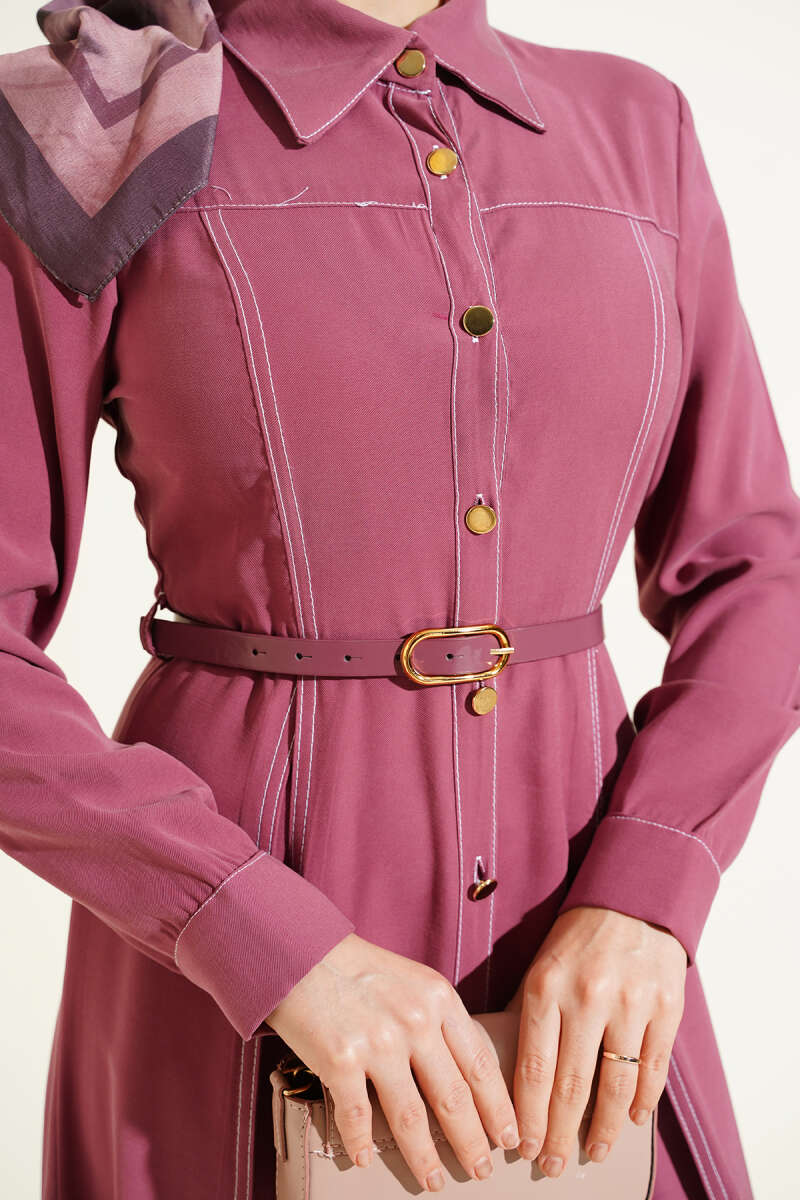 Belted Pleated Button Dress - Dusty Rose