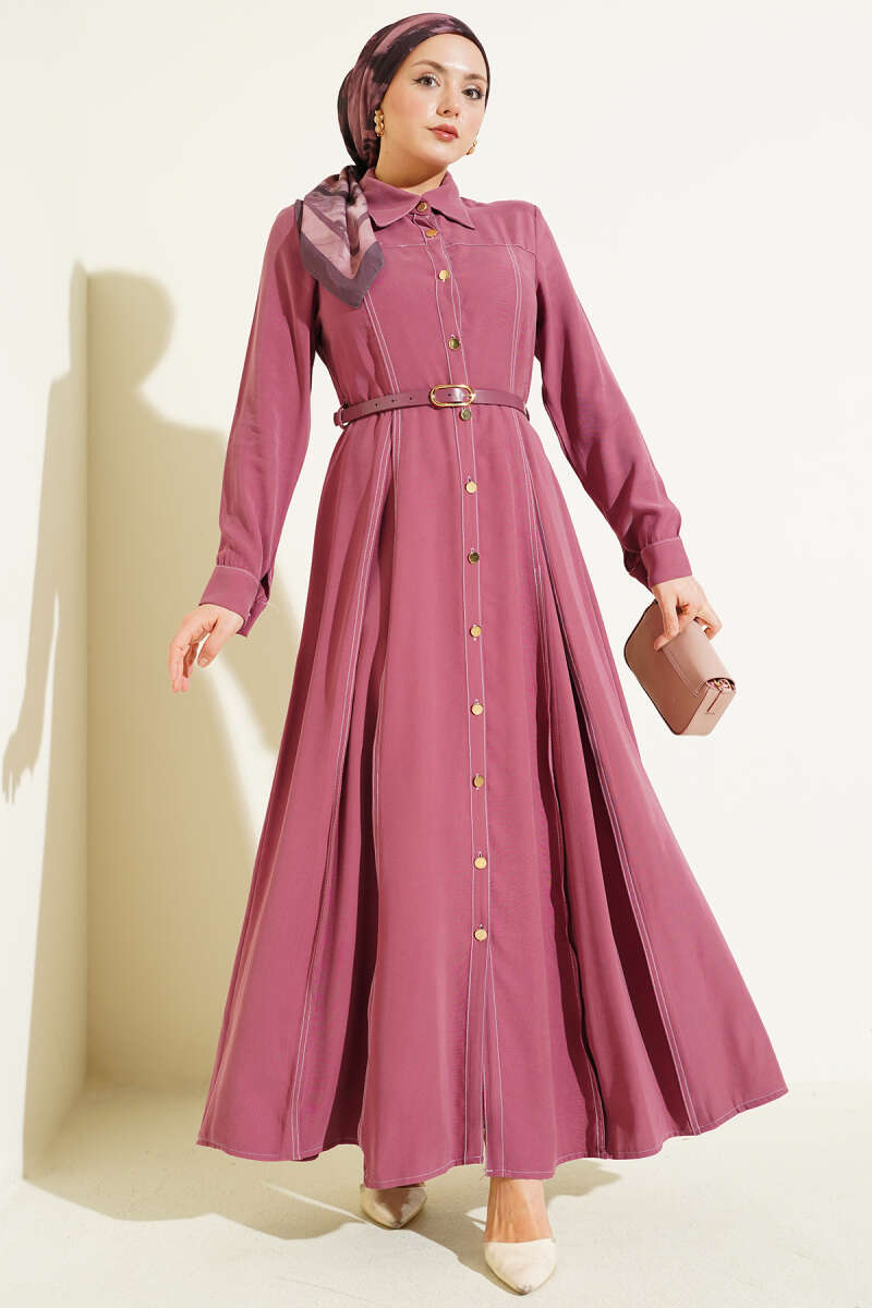 Belted Pleated Button Dress - Dusty Rose