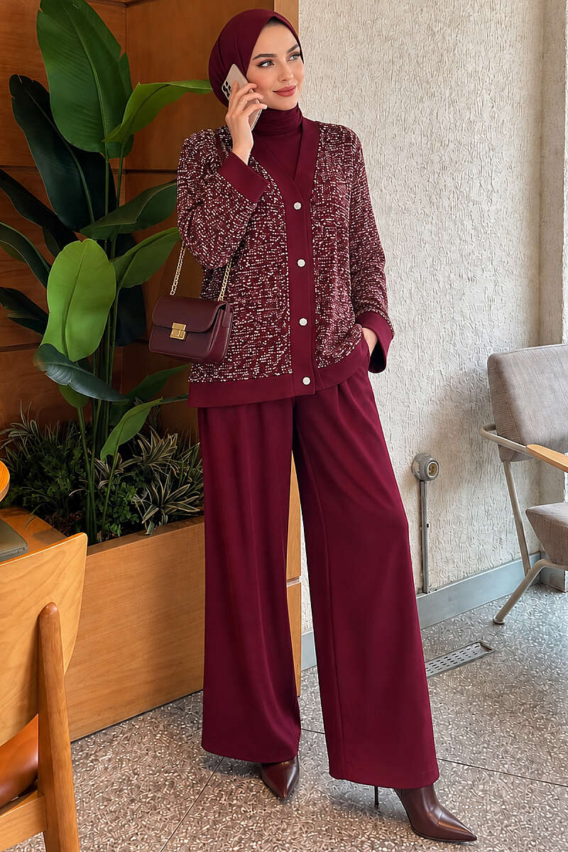 Buttoned Sequin Three-Piece Set - Burgundy