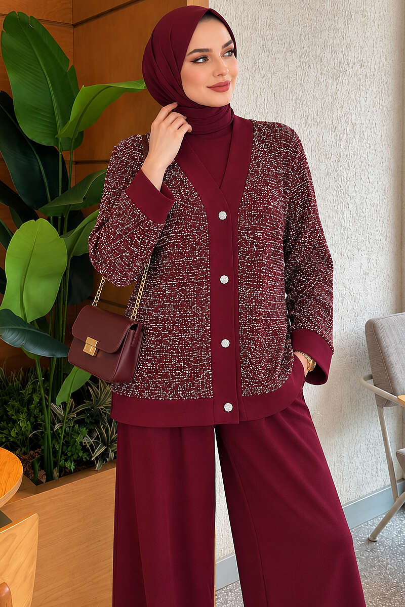 Buttoned Sequin Three-Piece Set - Burgundy