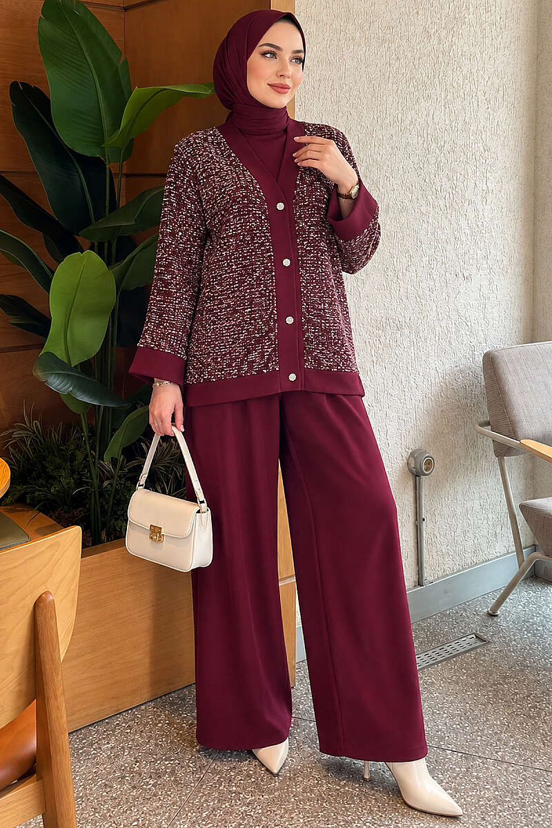 Buttoned Sequin Three-Piece Set - Burgundy