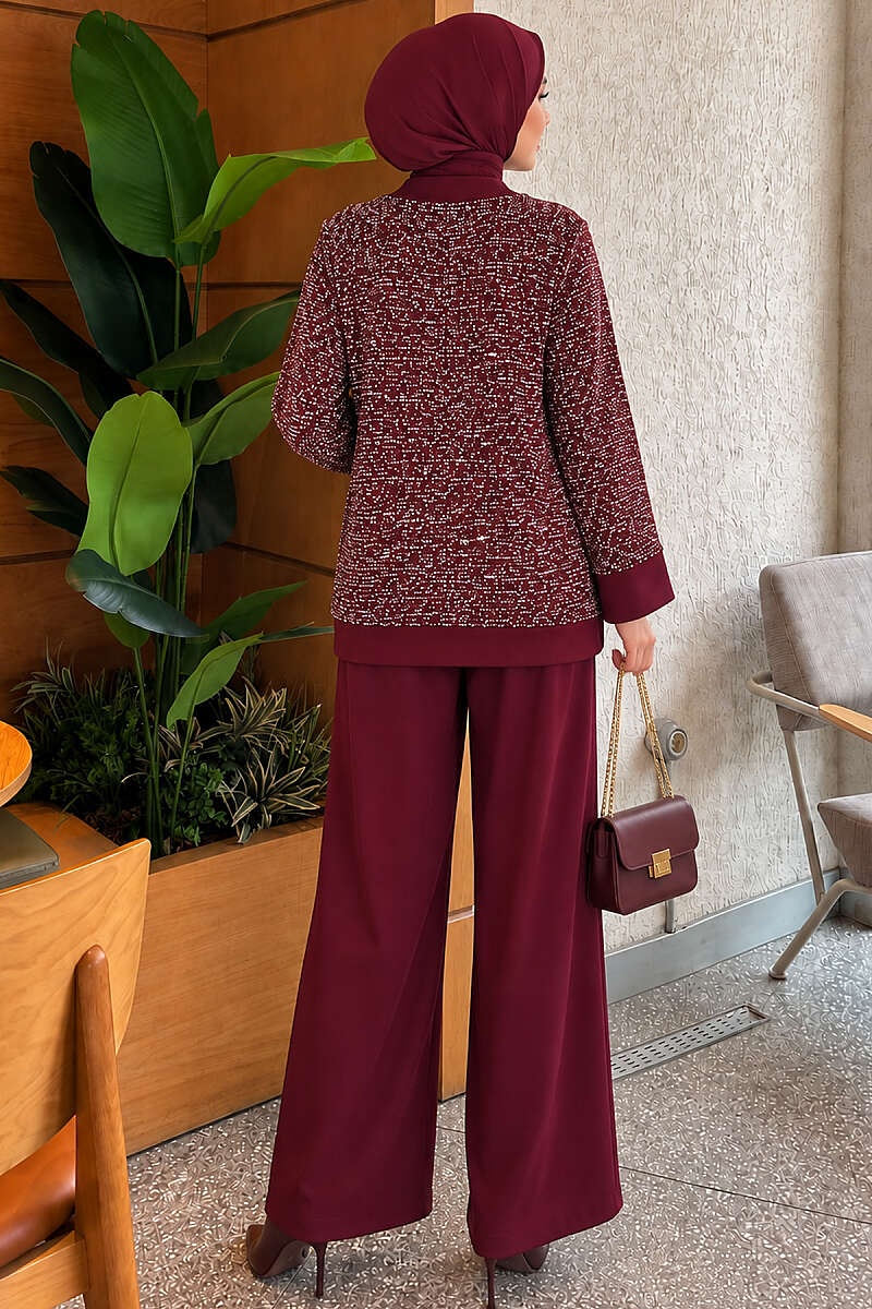 Buttoned Sequin Three-Piece Set - Burgundy