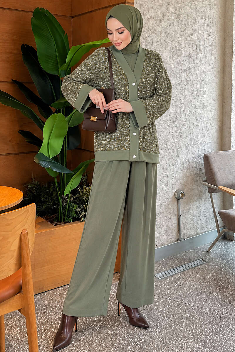 Buttoned Sequin Three-Piece Set - Khaki