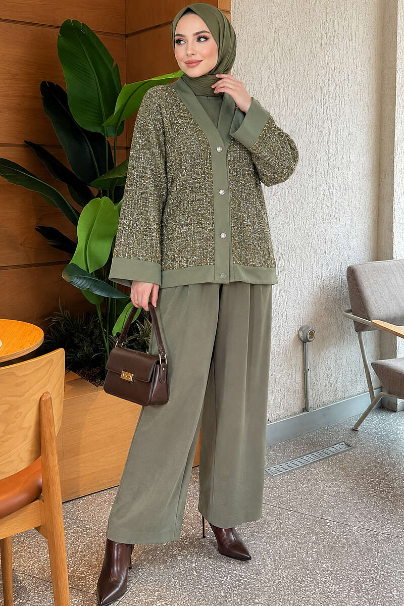 Buttoned Sequin Three-Piece Set - Khaki