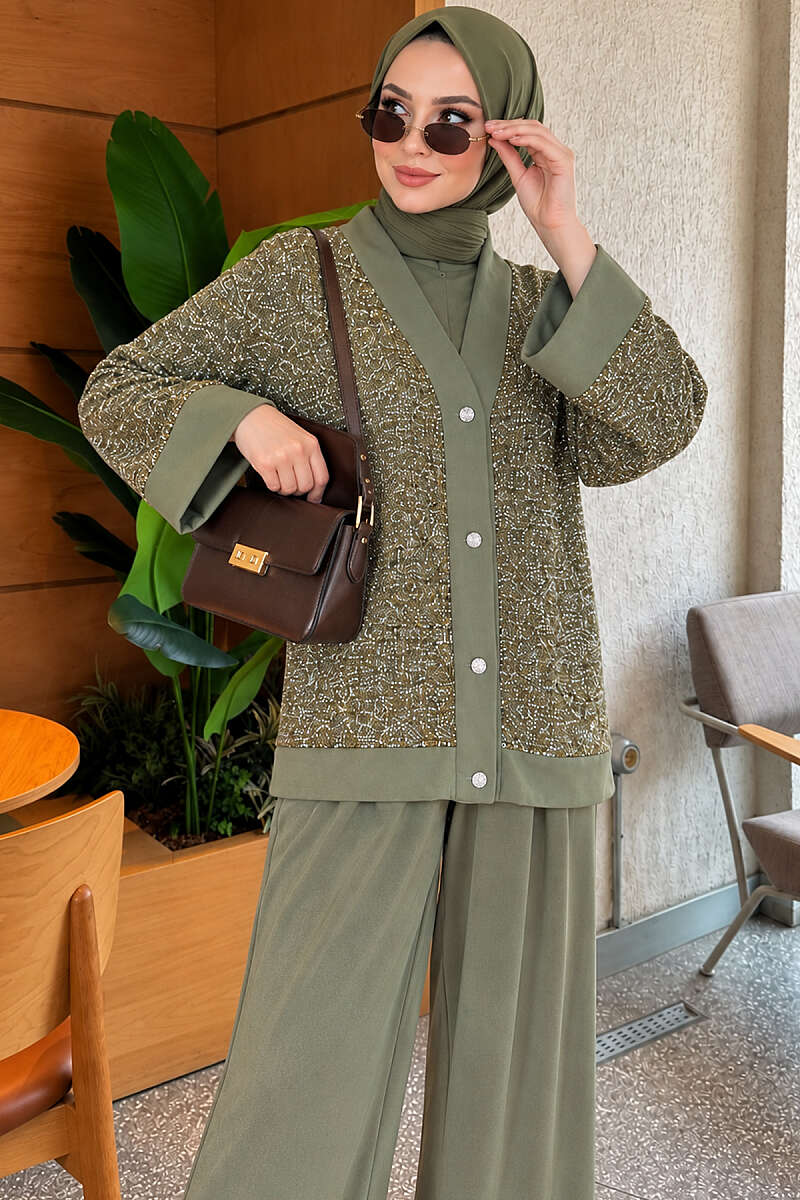 Buttoned Sequin Three-Piece Set - Khaki