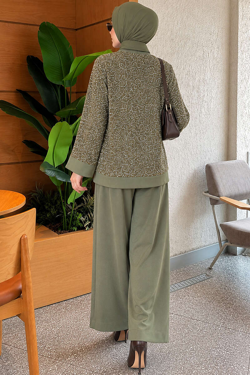 Buttoned Sequin Three-Piece Set - Khaki