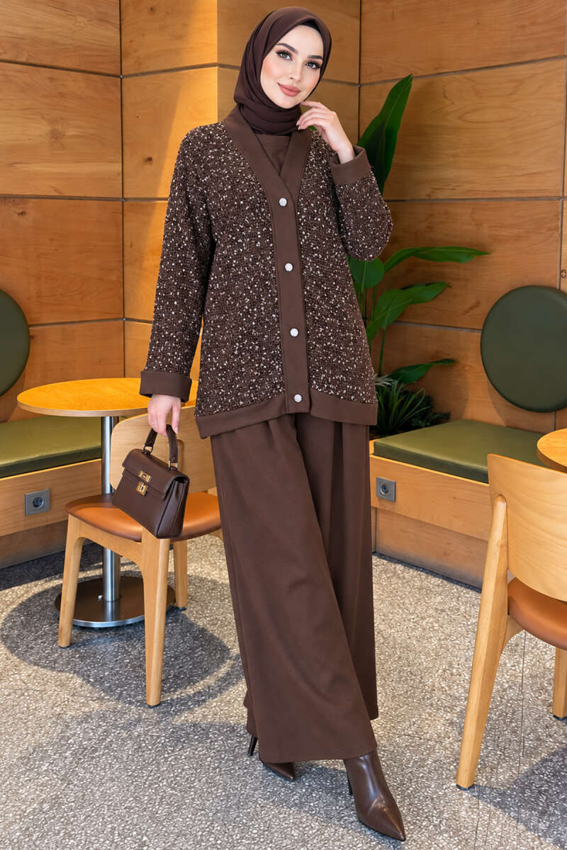 Buttoned Sequin Three-Piece Set - Brown