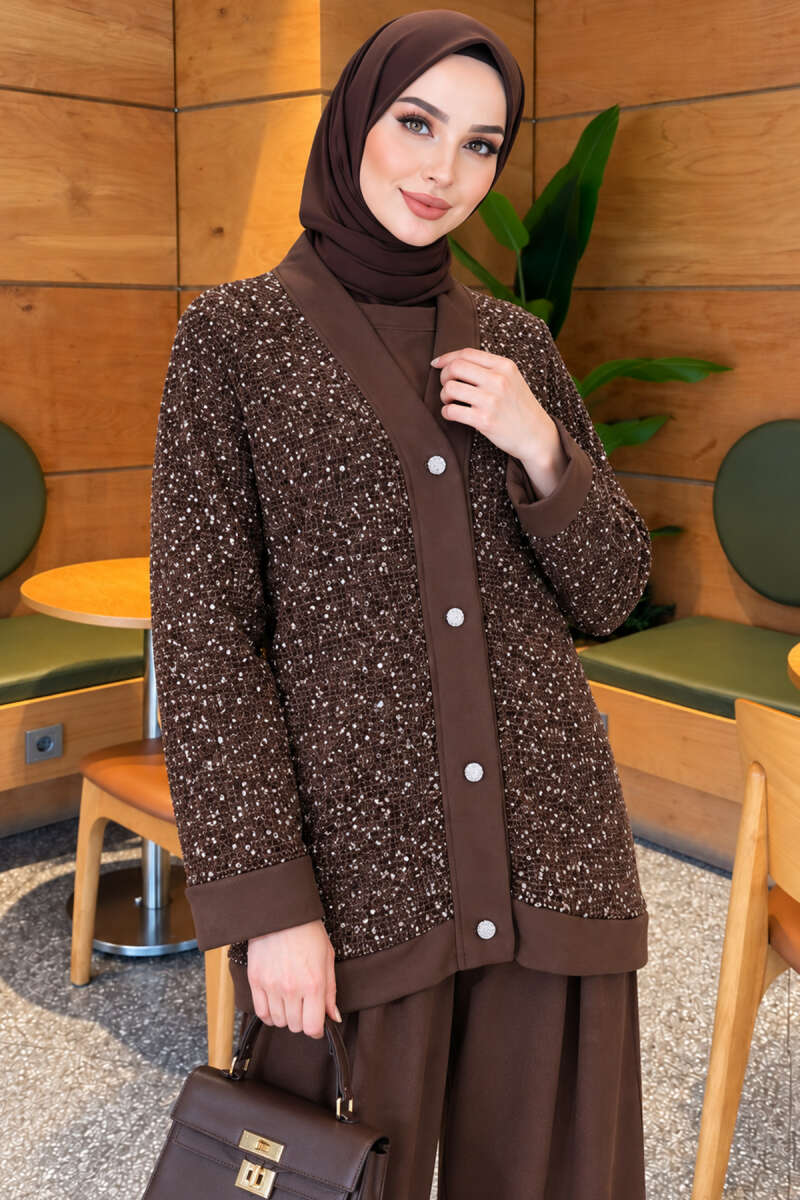 Buttoned Sequin Three-Piece Set - Brown