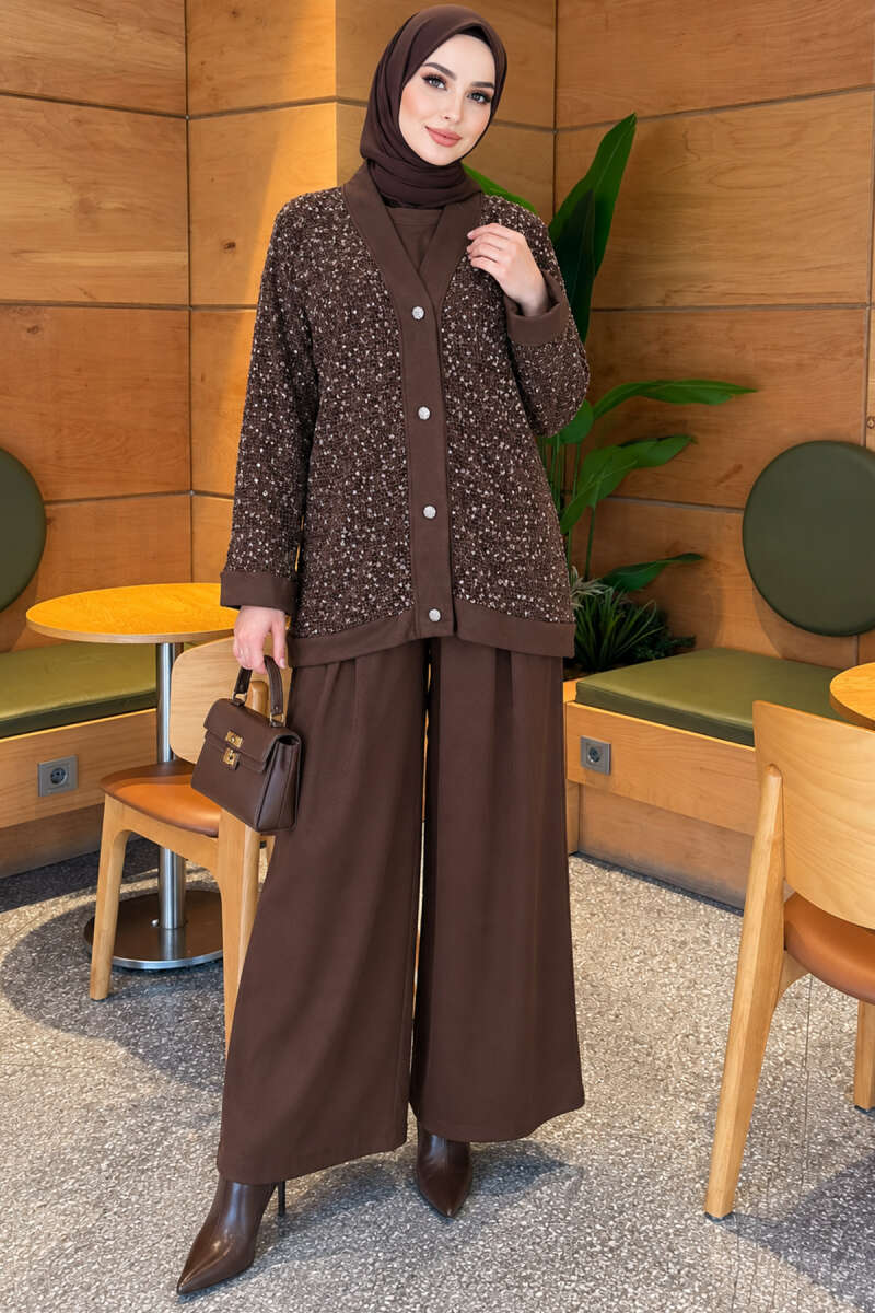 Buttoned Sequin Three-Piece Set - Brown