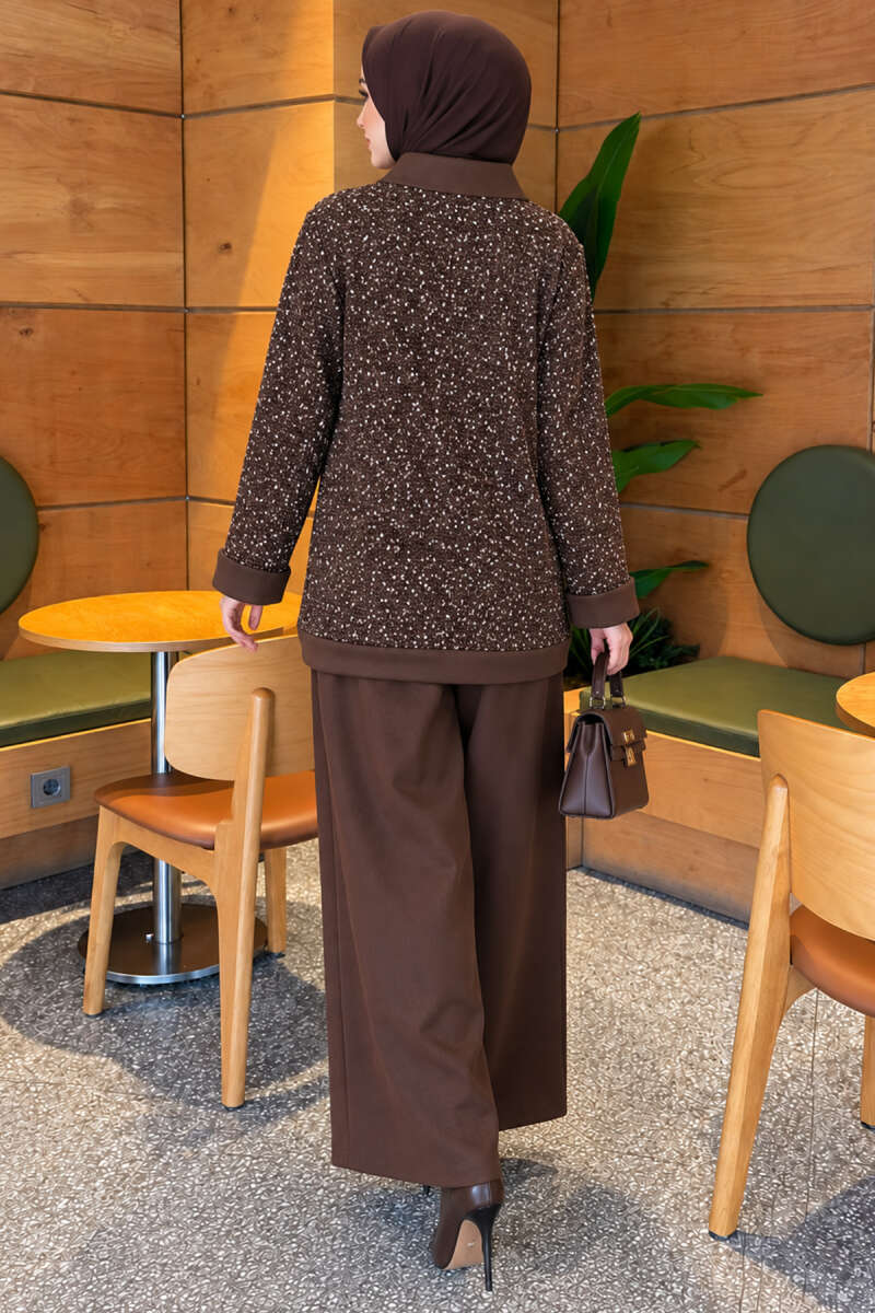 Buttoned Sequin Three-Piece Set - Brown