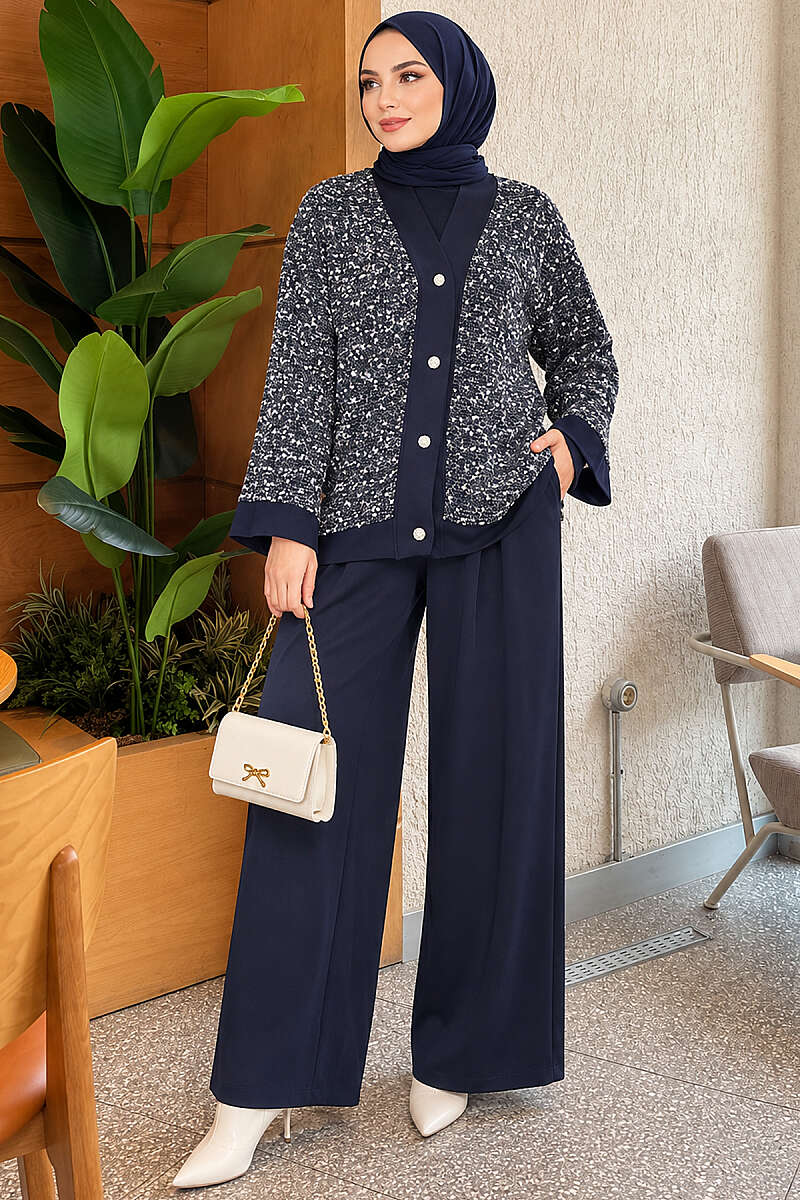 Buttoned Sequin Three-Piece Set - Navy